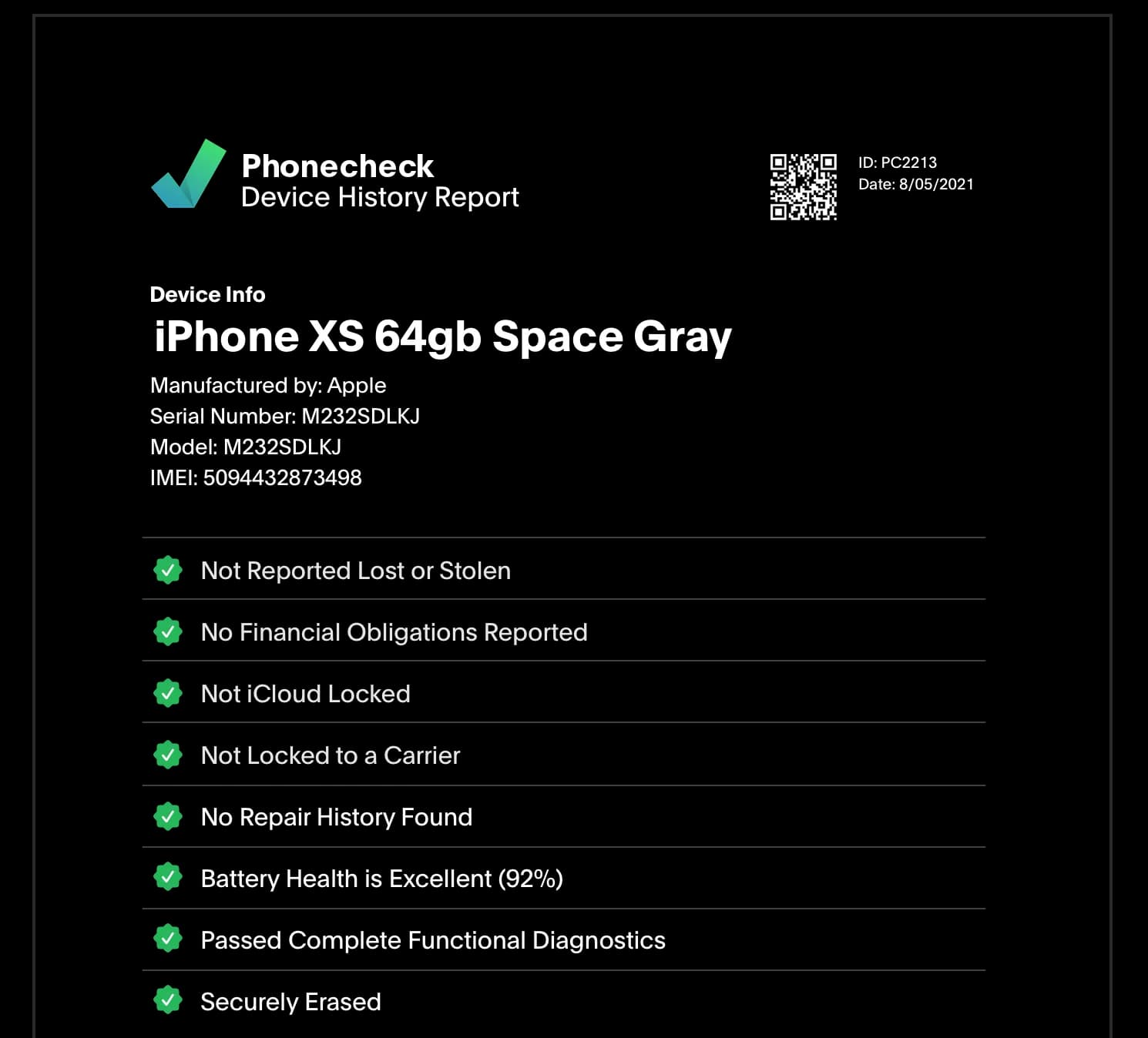 Phonecheck Device History Report auf einem Smartphone angezeigt