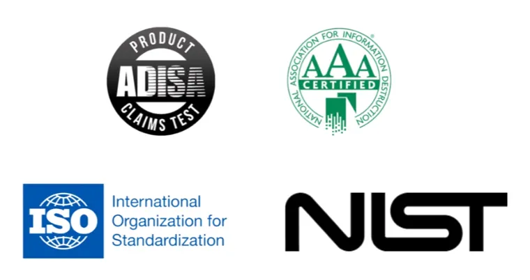 ADISA-, NAID-AAA-zertifizierte sowie ISO- und NIST-Standards für die Datenlöschung