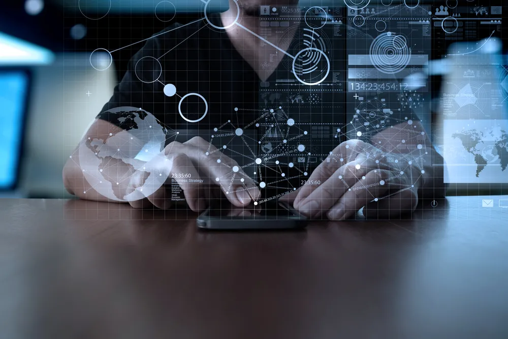 blueprint superimposed over person using an iphone