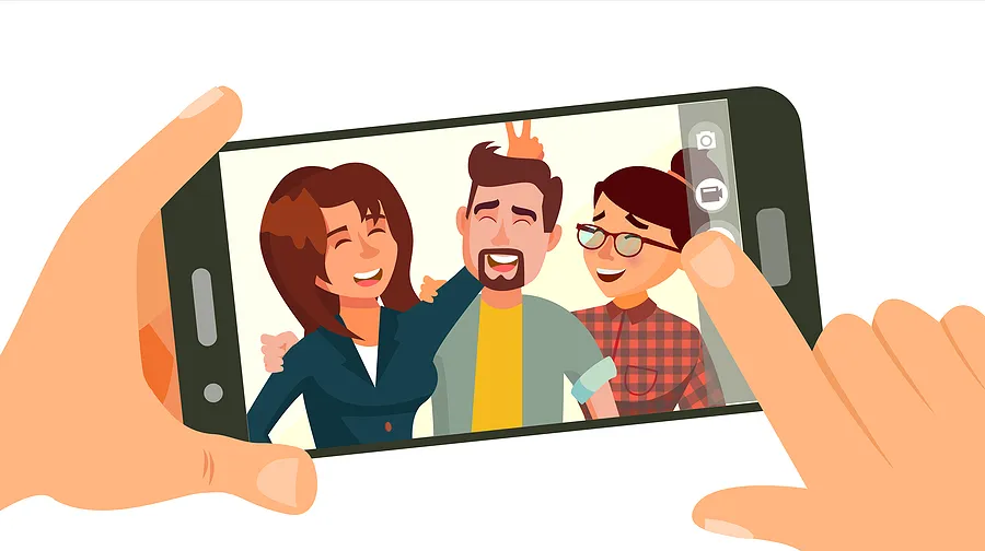 Cartoon hands holding phone with photo.