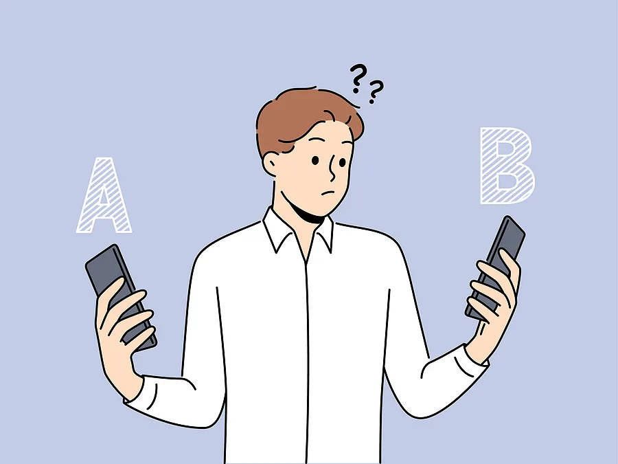 A cartoon illustration of a confused person holding two smartphones, looking back and forth between them with question marks above their head, comparing option A on the left and option B on the right.