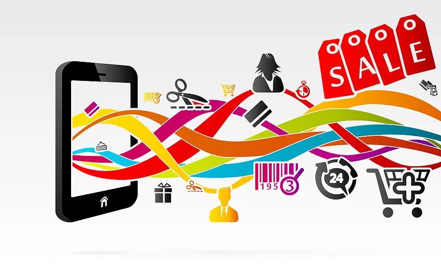 Illustration of a smartphone with colorful ribbons connecting shopping icons, sale tags, barcode, and cart symbols