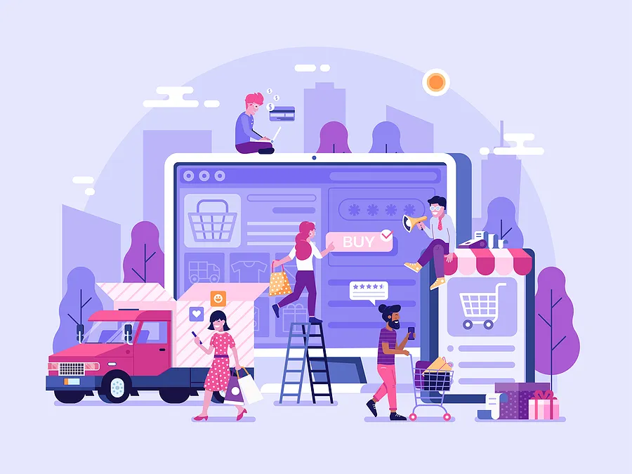 Illustration of shoppers buying smartphones online, showing a large phone screen with a buy button, shopping carts, delivery truck, and people comparing deals and purchases.
