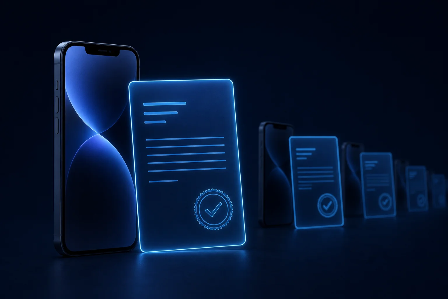 Smartphone standing beside a glowing per-device certificate of data destruction with a checkmark seal, with a row of phones and matching certificates receding into the background.