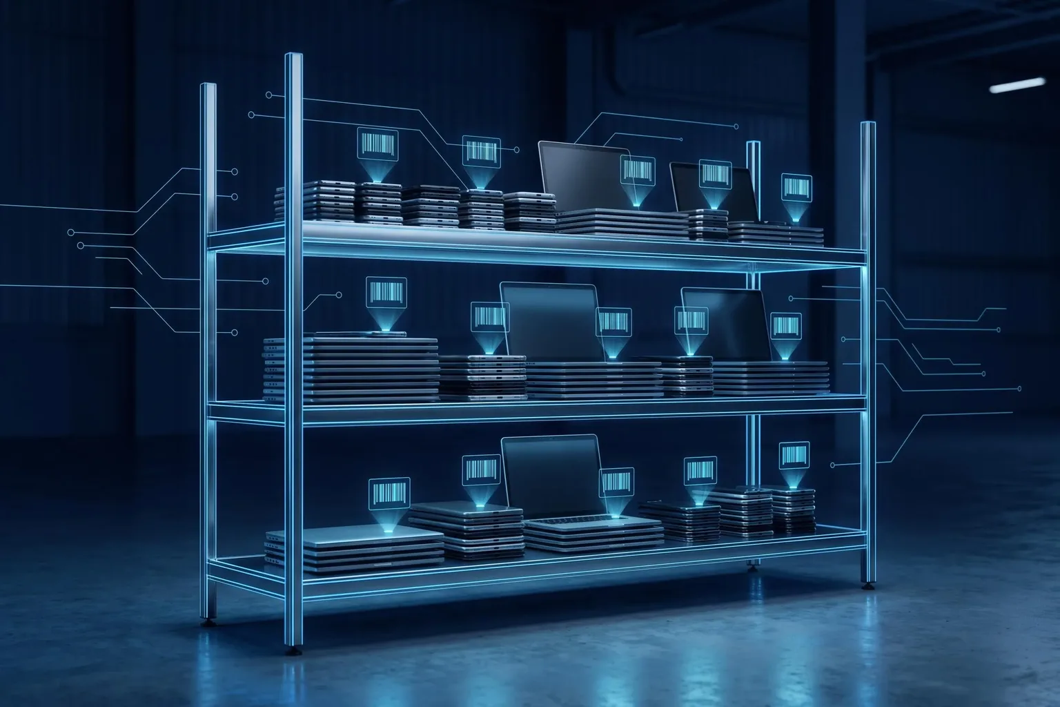 A rack of used smartphones and laptops staged for processing, each labelled with a device identifier