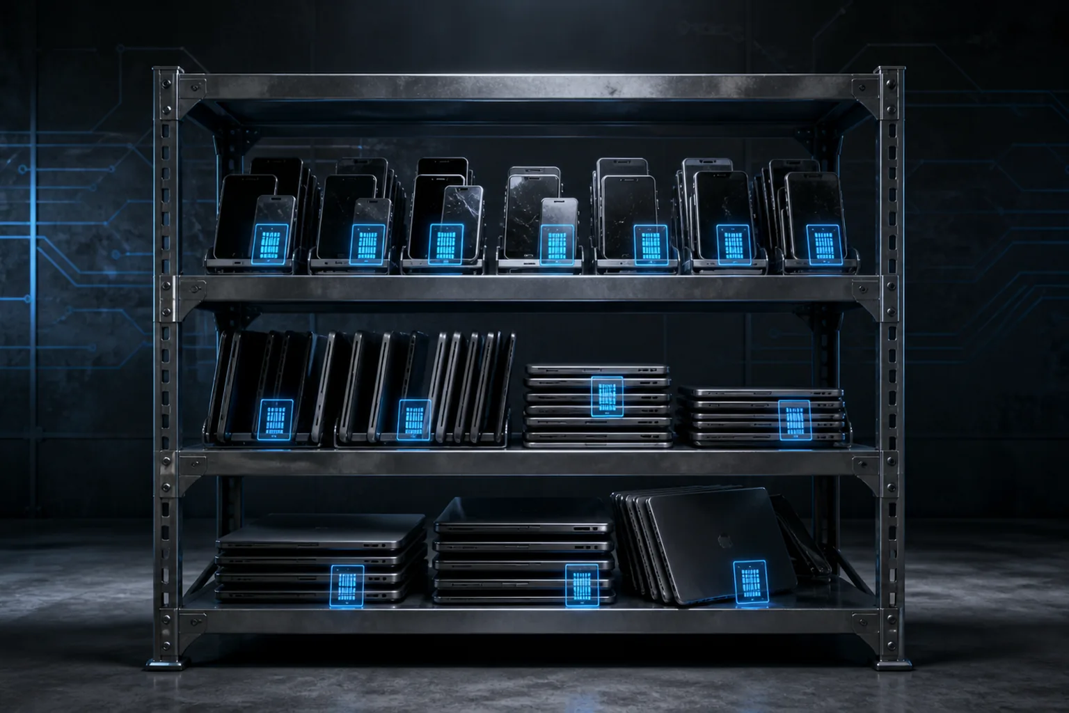 A rack of used smartphones and laptops staged for processing, each labelled with a device identifier