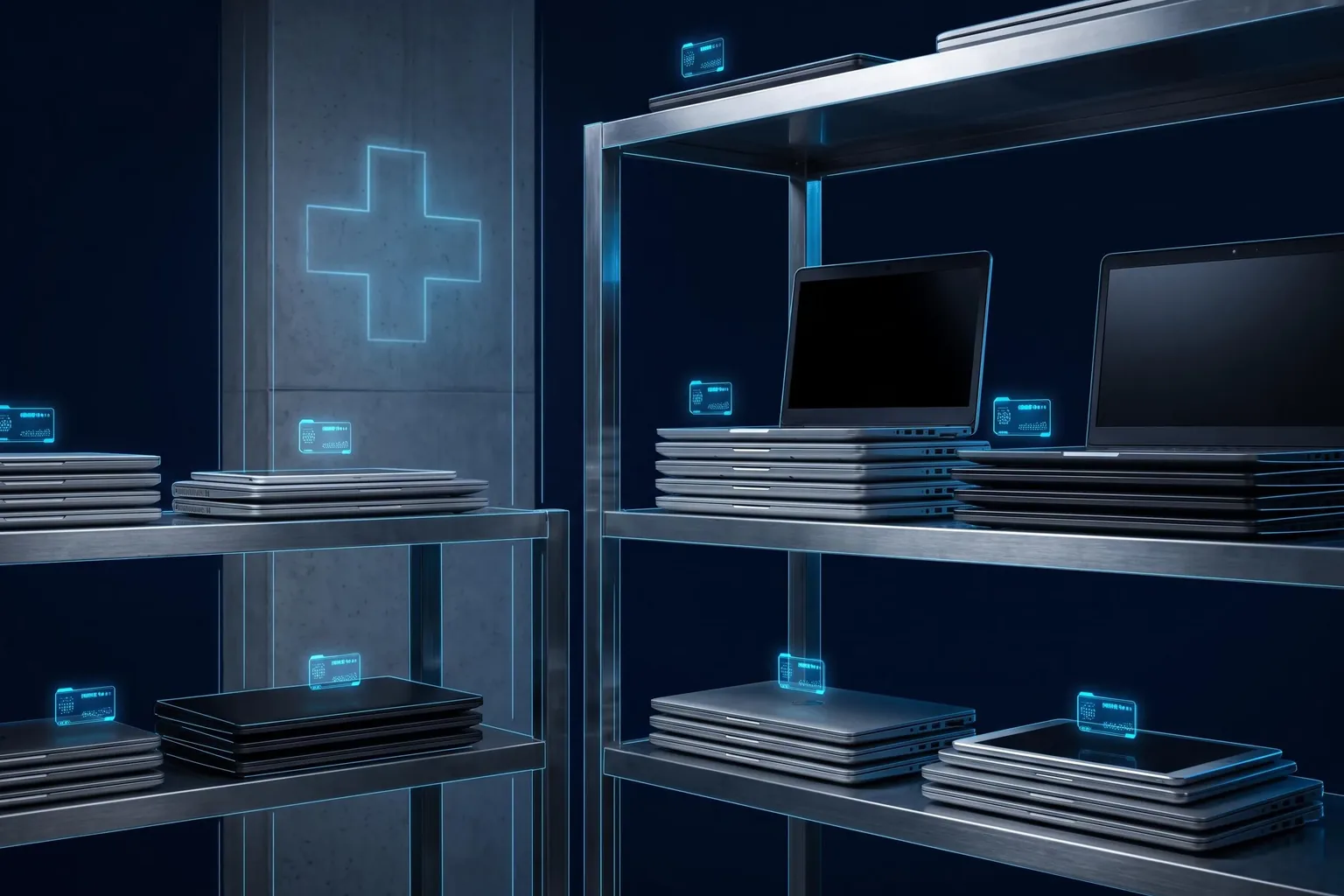 A hospital IT store room with retired laptops and tablets tagged for secure disposition