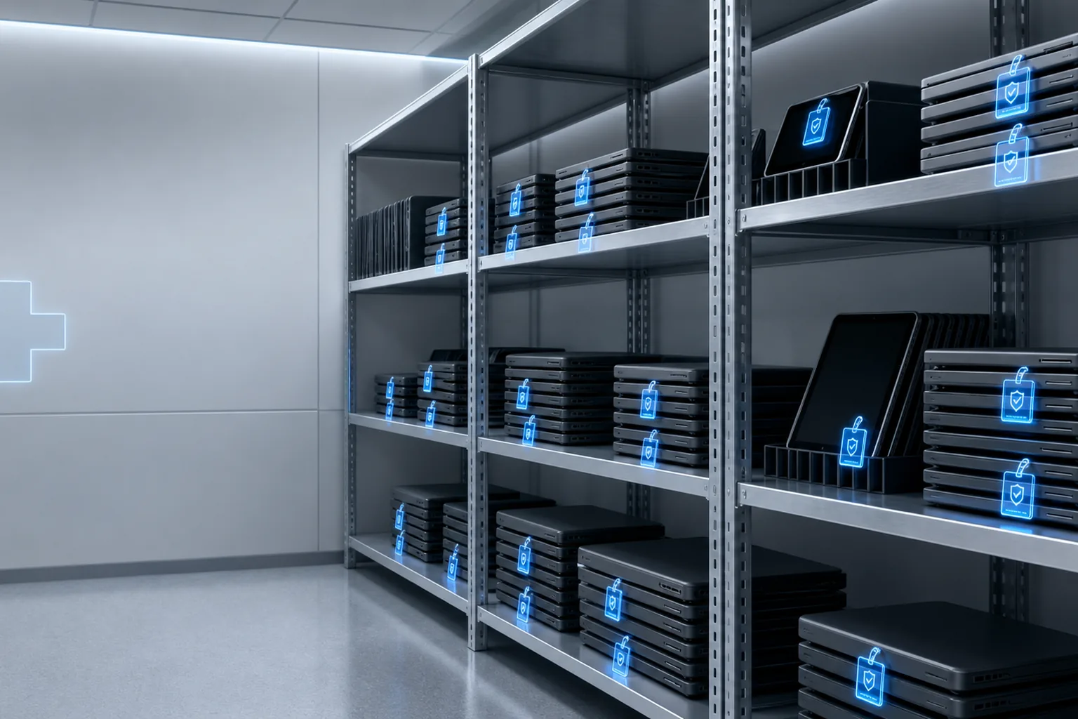 A hospital IT store room with retired laptops and tablets tagged for secure disposition