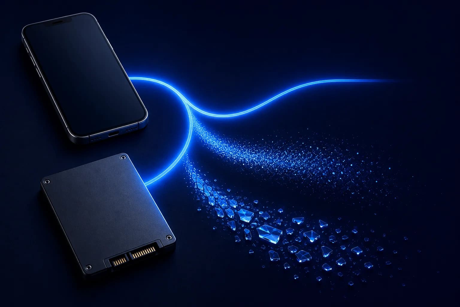 Smartphone and SSD on a dark surface with three glowing paths diverging from them: one unbroken line, one dissolving into particles, one ending in shattered fragments — representing the Clear, Purge, and Destroy sanitization methods.