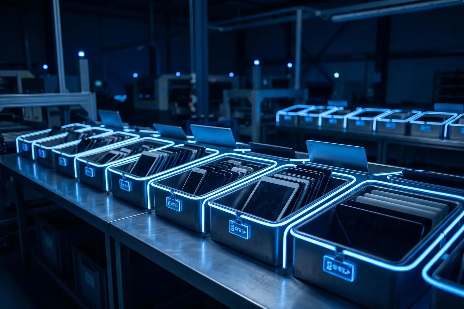 An electronics processing facility floor with devices sorted into labelled bins awaiting disposition