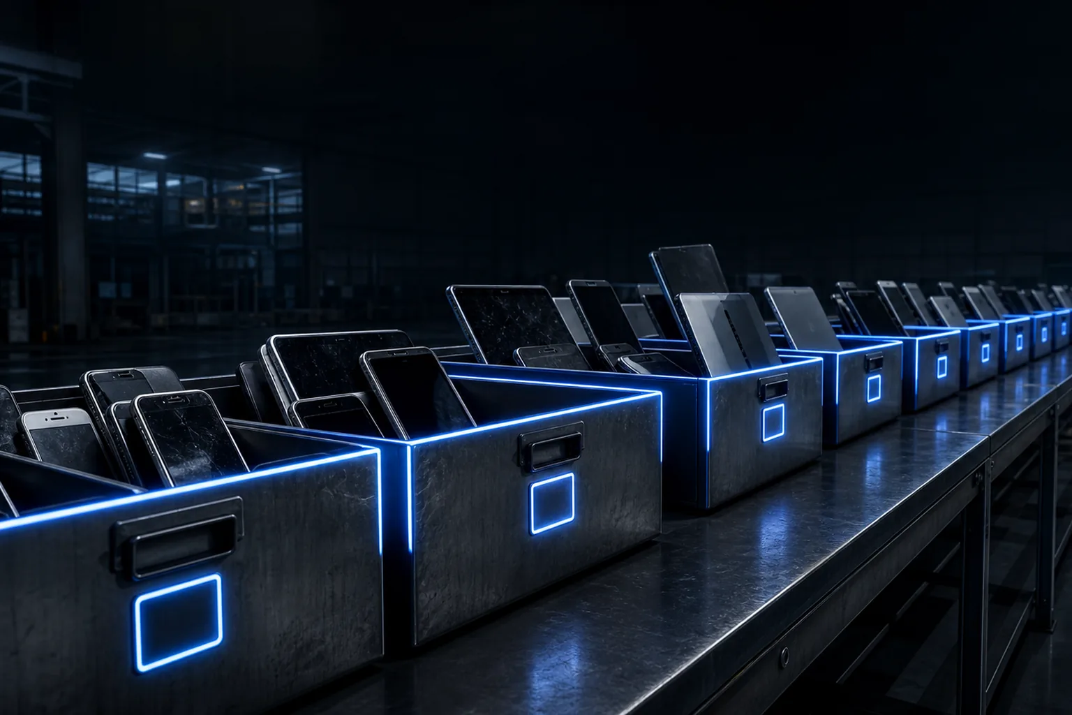 An electronics processing facility floor with devices sorted into labelled bins awaiting disposition
