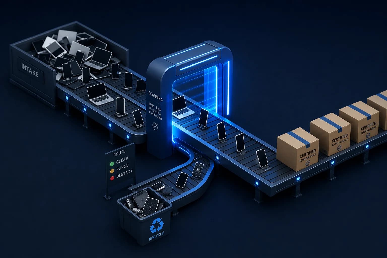 Isometric illustration of an ITAD processing line: devices move from an intake bin through a glowing scanning arch, then route to a recycling bin or certified boxes ready for resale.