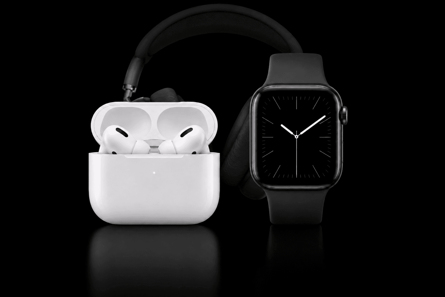AirPods, Over-Ear-Kopfhörer und Apple Watch auf Schwarz