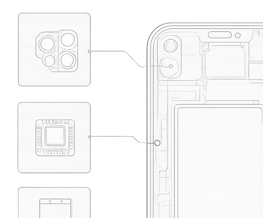 Explosionsdarstellung eines Smartphones mit internen Komponenten